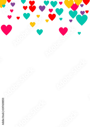 Candy of red, yellow, blue and purple hearts on a white background. Flying confetti from hearts. Valentine's day card.