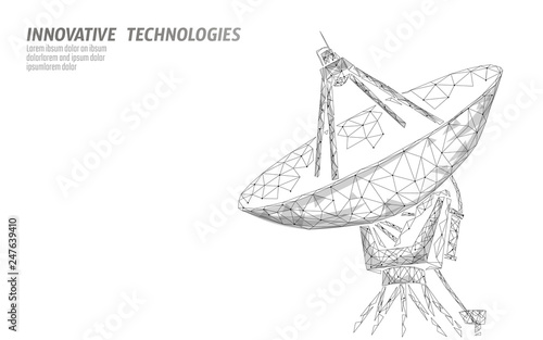Polygonal radar antenna space defence abstract technology concept. Scanning detect military danger maneuver wireframe mesh 3D warfare. Satellite weapon aiming vector illustration