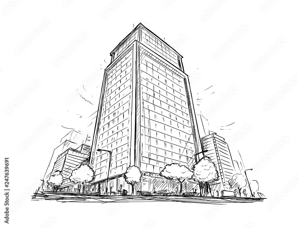 Cartoon architectural drawing sketch illustration of city street with high  rise building. Stock Illustration | Adobe Stock