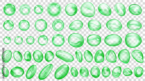 Set of green translucent water drops and bubbles of different shapes, isolated on transparent background. Transparency only in vector format