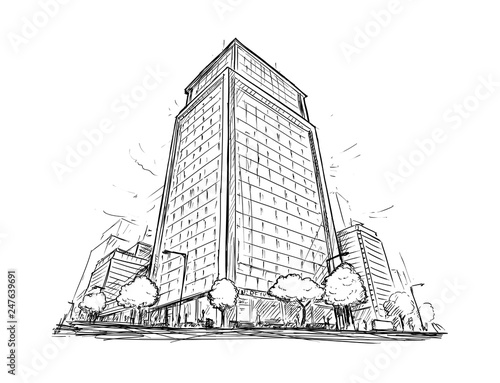 Cartoon architectural drawing sketch illustration of city street with high rise building.