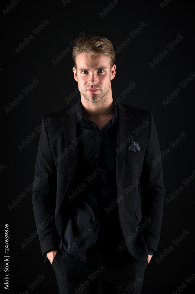 Feeling confident. Male beauty and masculinity. Guy attractive stylish confident model. Confident in his style. Man in dark clothes. Real macho. Man handsome well groomed macho on black background