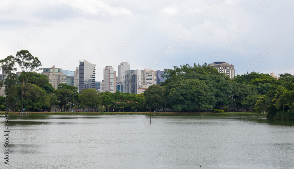 Sao Paulo's skyline seen from the Ibirapuera park. The city skyscrapers on a layer of greenery