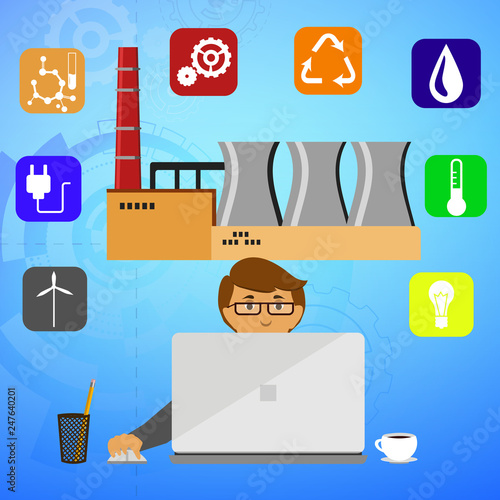 Eco friendly factory on a digital touch screen tablet