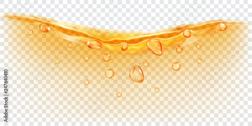 Translucent water wave in yellow colors with air bubbles and drops, isolated on transparent background. Transparency only in vector file