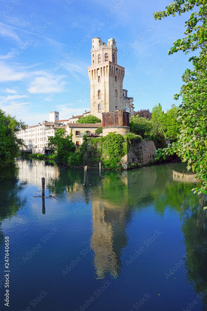 Day view of the landmark Specola Tower astronomical observatory, part of the old Castle of Padua in Padova, Italy 
