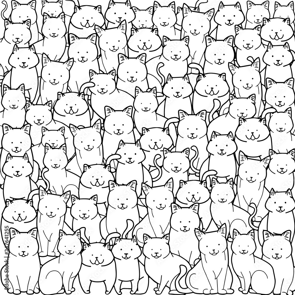 Obraz premium A crowd of cats in doodle style on white background. Vector of illustration different cats.