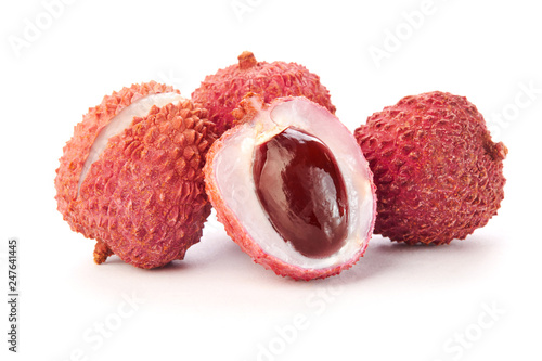 Fresh lychee the skin is cut, whole isolated on white background. Clipping Path
