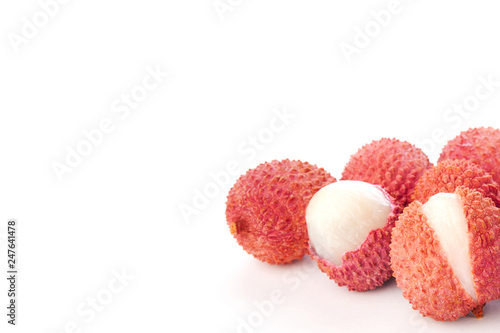 Fresh lychee the skin is cut, whole isolated on white background. Clipping Path