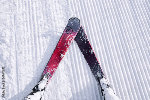 Skier first-person view of the ski snow slope