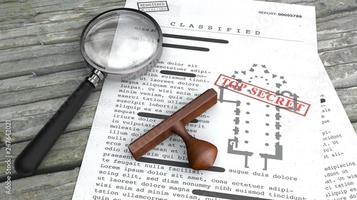 Top secret document, declassified, confidential information, secret text. Non-public information. Sheet of paper with classified information. Vatican, church planimetry. Magnify lens