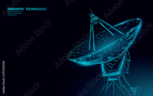 Polygonal radar antenna space defence abstract technology concept. Scanning detect military danger maneuver wireframe mesh 3D warfare. Satellite weapon aiming vector illustration photo