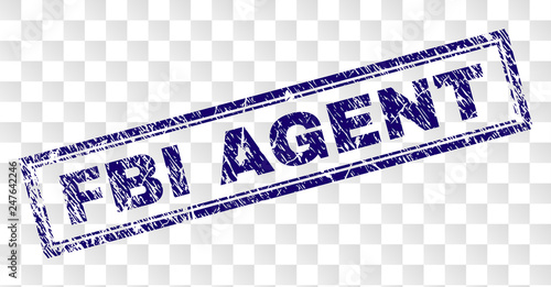 FBI AGENT stamp seal imprint with rubber print style and double framed rectangle shape. Stamp is placed on a transparent background. Blue vector rubber print of FBI AGENT title with unclean texture.