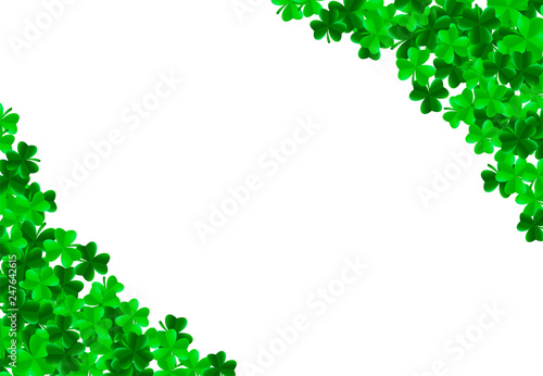 Saint Patrick day background with green bright leaves of trefoil clover in corners. Luck and success concept. Vector illustration