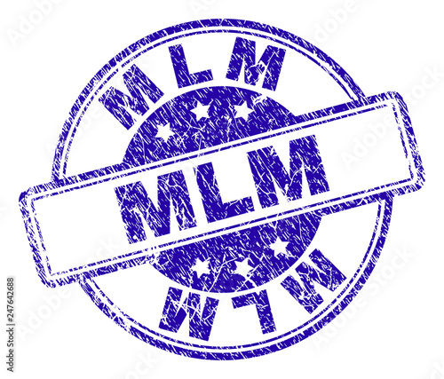 MLM stamp seal imprint with grunge texture. Designed with rounded rectangles and circles. Blue vector rubber print of MLM label with retro texture.