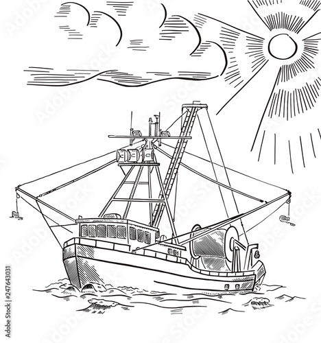 Fishing ship. Salmon fishing boat. Alaska. Hand drawn engraving. Vector illustration.