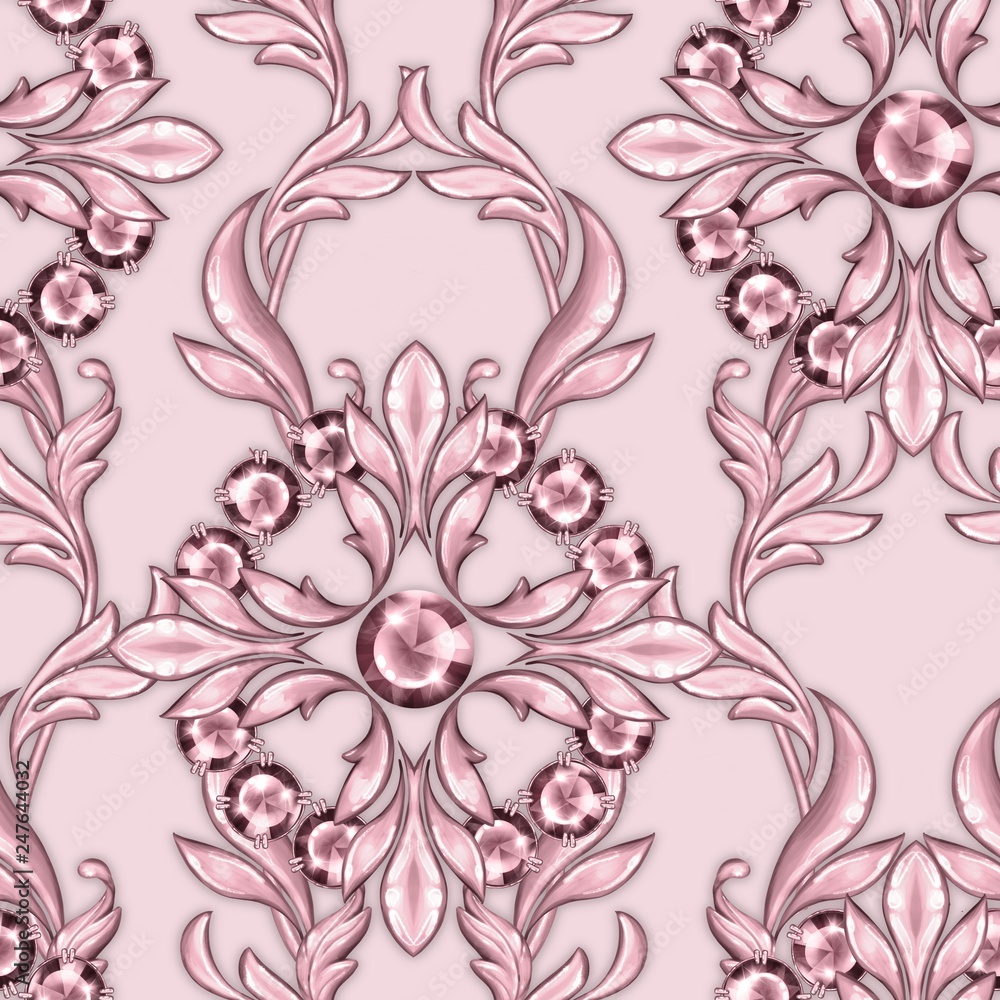 Seamless luxury baroque pattern with gems and scrolls