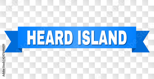 HEARD ISLAND text on a ribbon. Designed with white caption and blue stripe. Vector banner with HEARD ISLAND tag on a transparent background.