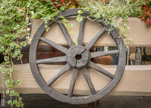 cart wheel on a fence with flowers over the top.