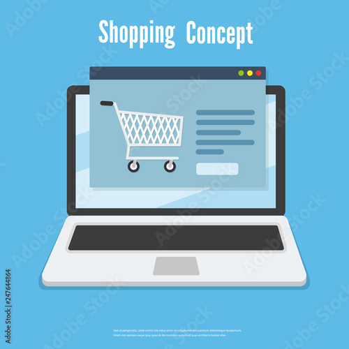 Online shopping by laptop device, ecommerce concept vector flat design icon