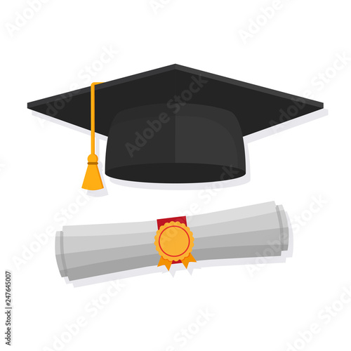 Graduation cap and rolled diploma . Flat style