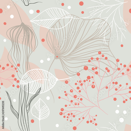 Seamless floral pattern with leaves and berries