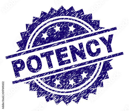 POTENCY stamp seal watermark with distress style. Blue vector rubber print of POTENCY label with retro texture.