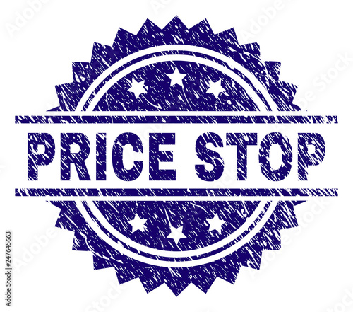 PRICE STOP stamp seal watermark with distress style. Blue vector rubber print of PRICE STOP caption with grunge texture.