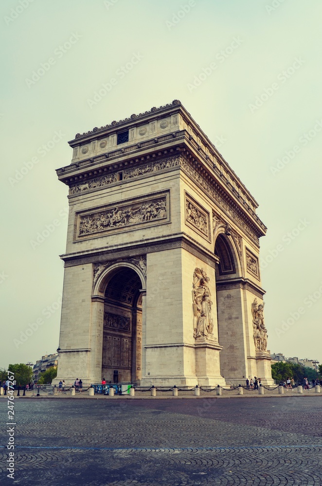 Profile or side view of Arc of triumph in Paris France 