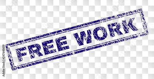 FREE WORK stamp seal imprint with rubber print style and double framed rectangle shape. Stamp is placed on a transparent background. Blue vector rubber print of FREE WORK tag with unclean texture.