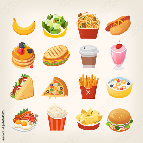 Colorful breakfast food icons. Meals and snacks for a quick lunch. Isolated vector illustrations. Street food, takeaway food, stuff you find at food trucks