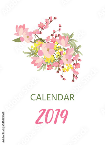 Vintage floral calendar 2019 with bouquet of flowers. illustration.