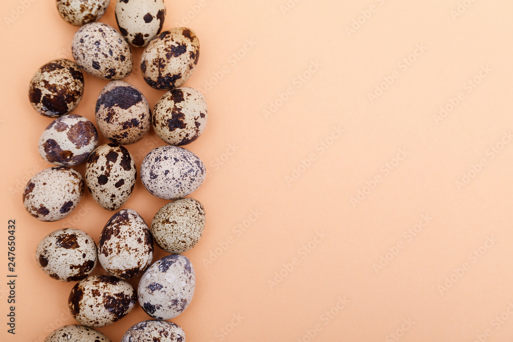 Quail eggs on light pink solid background with copy space, top view. Health food. Easter background