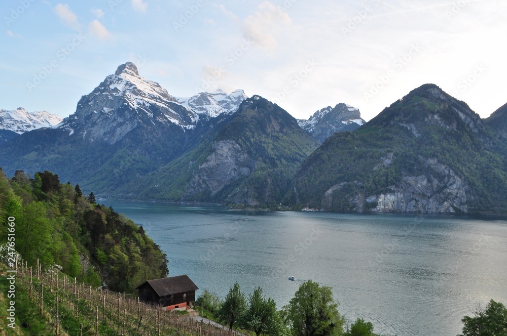 Vierwaldstättersee in der Zentralschweiz und die Berge Uri Rotstock, Schlieren und Gitschen im Abendlicht