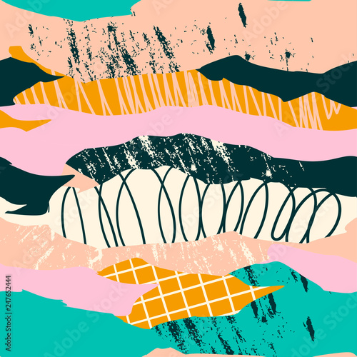 Hand drawn various shapes and textures. Abstract contemporary seamless pattern. Modern patchwork illustration in vector. Perfect for textile prints.
