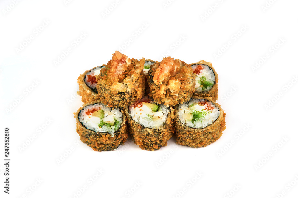 Sushi, hot roll in batter a white background. Japanese food Sushi, hot roll in batter a white background. Japanese food