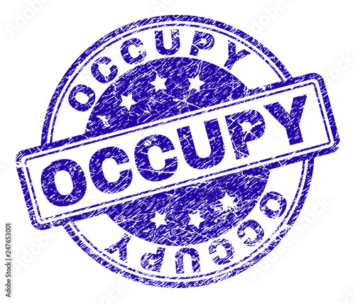 OCCUPY stamp seal watermark with distress texture. Designed with rounded rectangles and circles. Blue vector rubber print of OCCUPY text with retro texture.