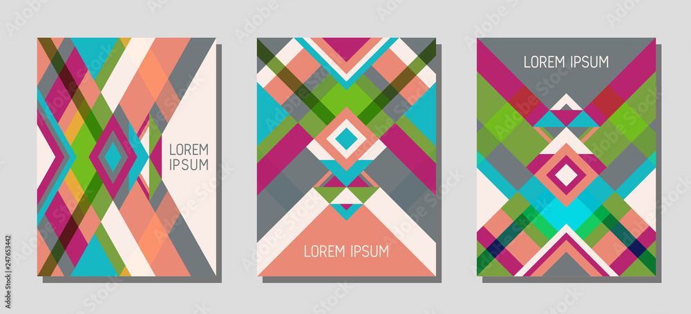 Cover page layout vector template geometric design with triangles and stripes pattern. Cover page layout vector template geometric design with triangles and stripes pattern.