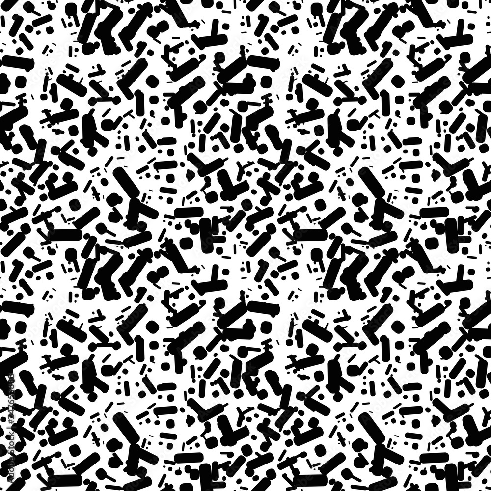 Linear geometric seamless pattern. Black and white textured background with squares, strips. Grunge texture. Vector illustration.