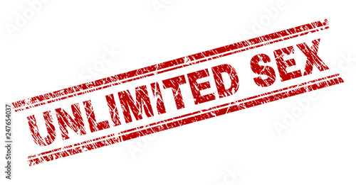 UNLIMITED SEX seal imprint with grunge texture. Red vector rubber print of UNLIMITED SEX text with grunge texture. Text caption is placed between double parallel lines.