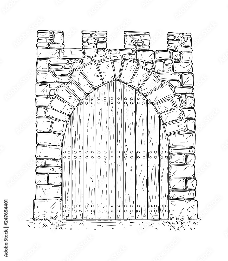 Cartoon doodle drawing illustration of medieval stone decision gate closed  by wooden door . Stock Illustration | Adobe Stock