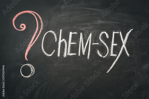 Question Mark and inscription chem sex on chalkboard photo