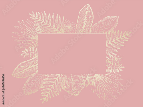 Tender frame of golden color outline tropical leaves on light carol background. Trendy rectangle exotic greenery and flowers border for summer greeting cards, banner design, promotion decoration