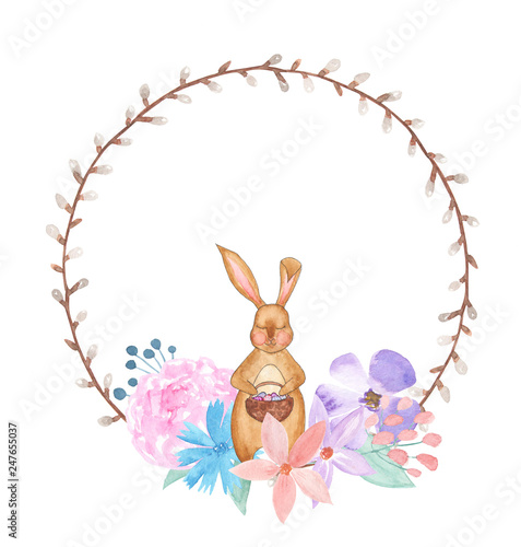 Watercolor willow wreath with rabbit 2