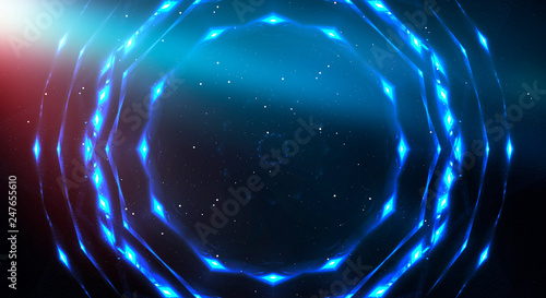Abstract blue neon background with rays and lines. Abstract light neon rays