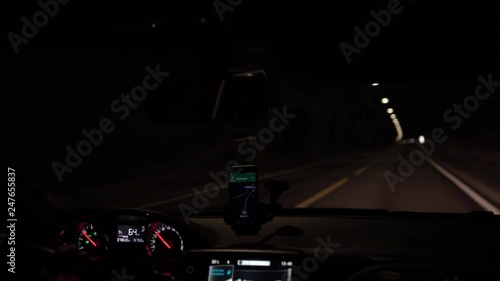 Car Driving Through laerdal Tunnel in the Norway.