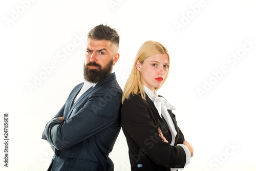 Businessman working together. Businessman isolated - handsome man with woman standing on white background. Business concept.