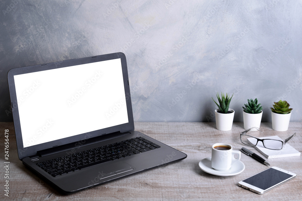 Fototapeta premium Laptop with blank screen for graphic display montage .Computer on wooden gray desk in office room. Mock up with plastic plant
