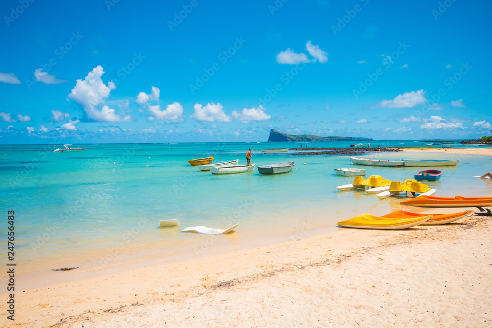 BAIN BOEUF Mauriutius. Beautiful beach in northern Mauritius. Coin de Mire, white sand beach and boats.