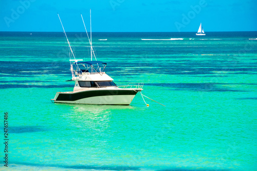 BAIN BOEUF Mauriutius. Beautiful beach in northern Mauritius. Coin de Mire,. Boats on clear turquoise water.